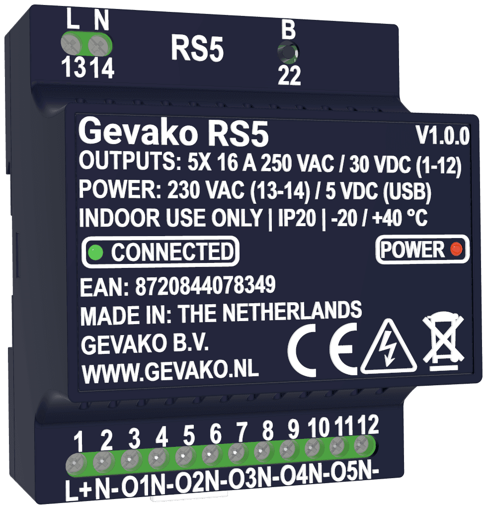 Gevako RS5 Slimme Schakelaar 5-kanaals vooraanzicht links in Navy Blue behuizing transparante achtergrond