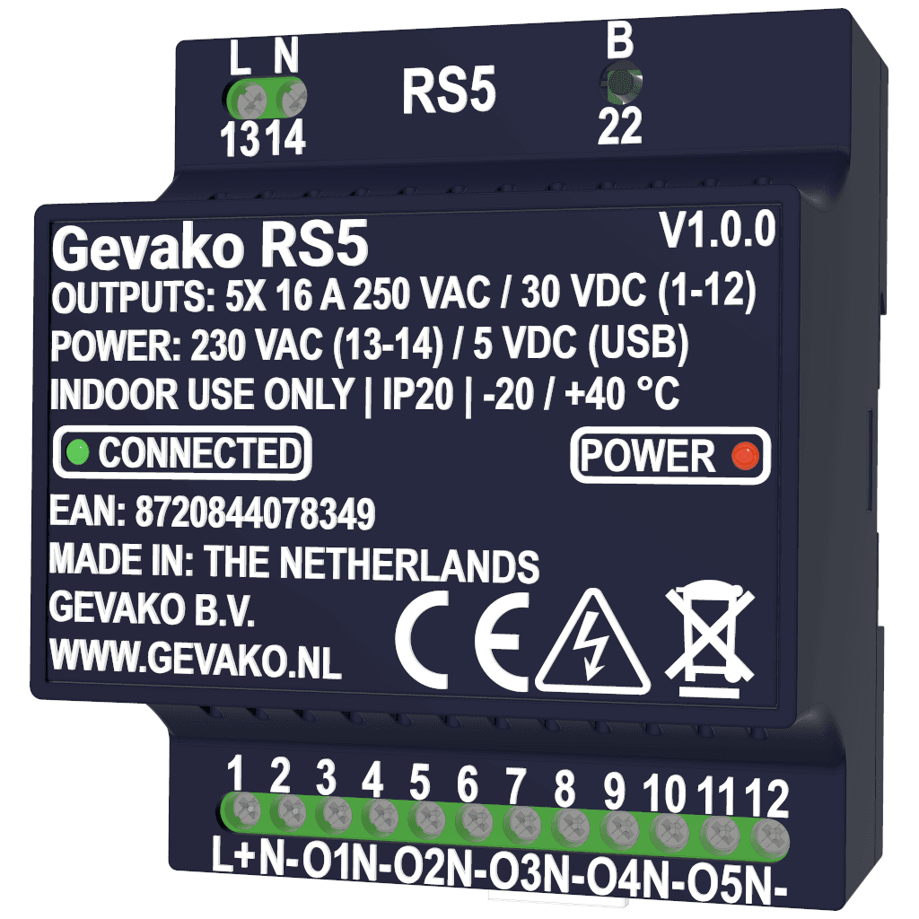 Gevako RS5 Smart Switch 5-channel front view right in Navy Blue housing white background